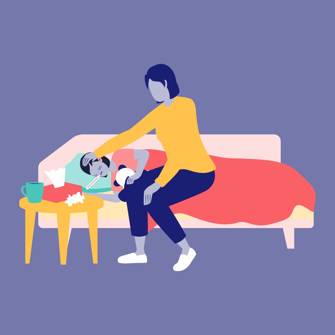 Illustration of a parent caring for their sick child who is lying down on the couch.